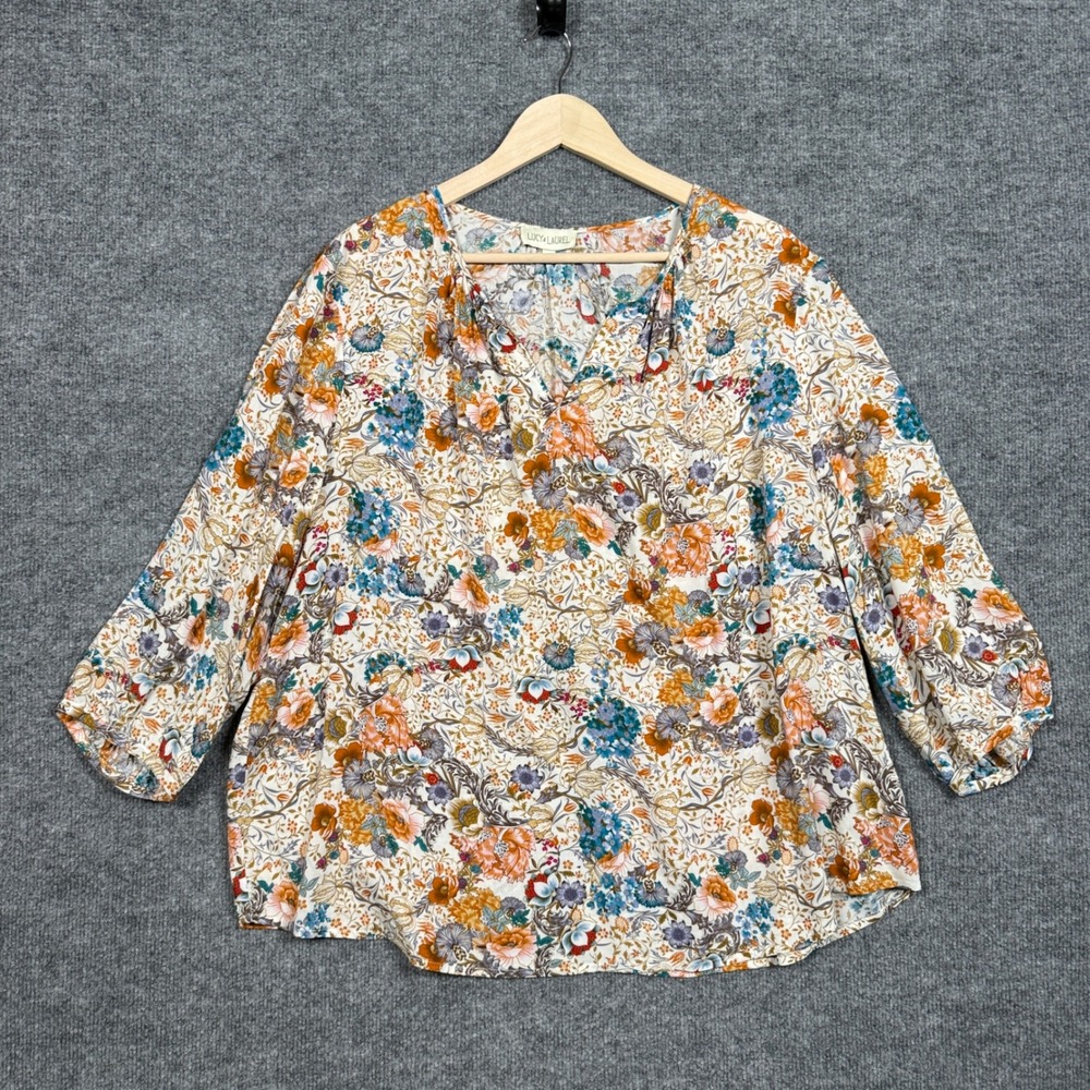 Lucy & Laurel Sz 2X Popover Top Blouse Cream Floral Garden Botanical Lightweight